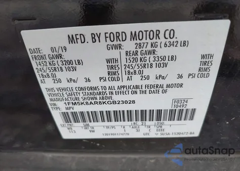 2019 Ford Police Interceptor из США, поврежденный, VIN 1FM5K8AR8KGB23028